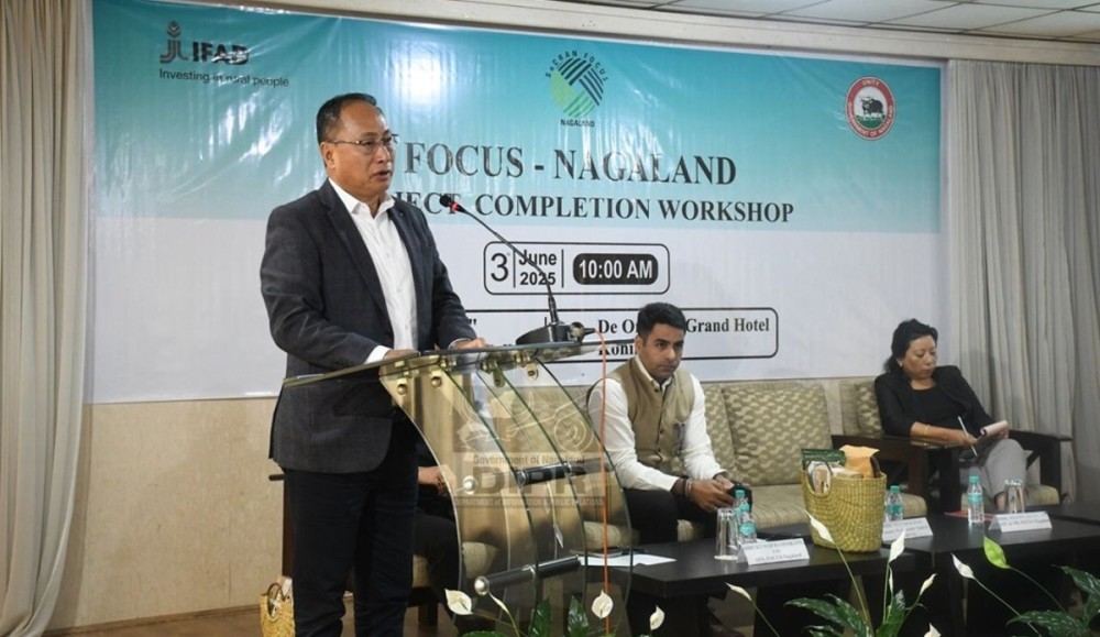 APC & Mission Director, FOCUS, Wezope Kenye, IAS addressing the FOCUS, Nagaland project completion workshop at De Oriental Grand Hotel, Kohima on June 3. (DIPR Photo)